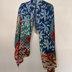 100% Wool Botanical Print Scarf in Blue, Red & Brown Lightweight